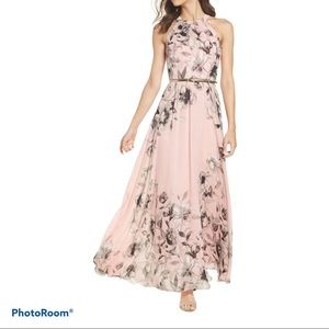 Eliza J Belted Chiffon Halter Maxi Dress